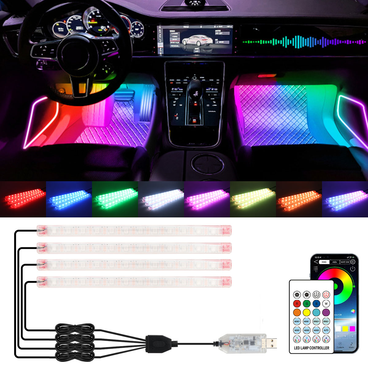 Led Ambient Interior Car Lights App Control - Lampada Decorativa RGB 2/4in1 12/18 LED